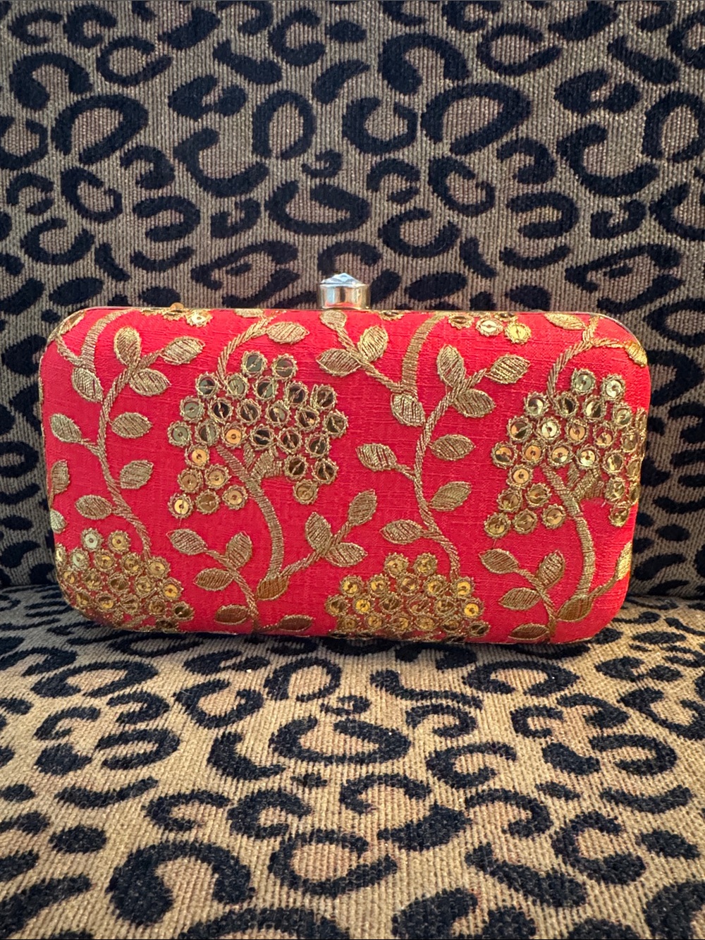 Embroidered Red Clutch with Gold Floral Accents - NWOT